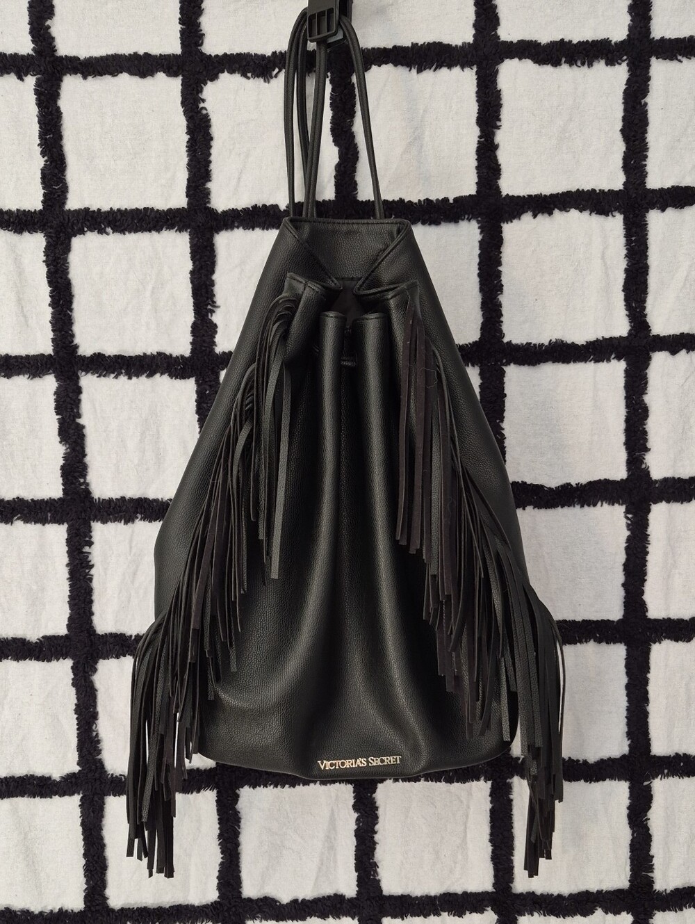Victoria's Secret Black Fringe Faux Leather Backpack Bag